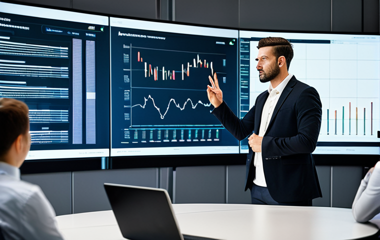 A professional male HR consultant in a crisp, dark business suit and a light-colored dress shirt, standing confidently in a sleek, modern office conference room with large digital screens displaying complex data visualizations related to HR metrics and future trends. A collaborative table with laptops is visible in the foreground. He is gesturing towards the screen, conveying strategic insights. Professional photography, high-resolution, detailed, perfect anatomy, correct proportions, natural pose, well-formed hands, proper finger count, natural body proportions. Fully clothed, modest clothing, appropriate attire, professional dress, safe for work, appropriate content, family-friendly.