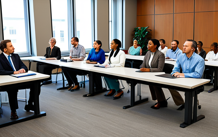Labor Rights Awareness**
"A group of diverse, fully clothed professionals are attending a seminar about labor laws, in a bright, modern conference room, appropriate attire, safe for work, perfect anatomy, natural proportions, professional setting, educational, modest clothing, family-friendly."
**
