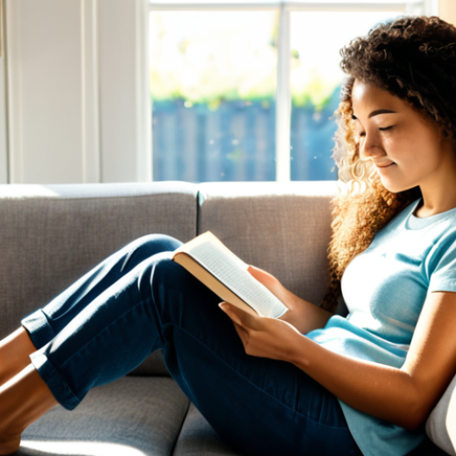 Home 21 Burnout Recovery**
A professional woman in comfortable clothing, sitting on a cozy couch in a brightly lit living room, reading a book with a cup of tea. Sunlight streams through the window. "safe for work", "appropriate content", "fully clothed", "modest attire", "family-friendly", perfect anatomy, correct proportions, natural pose, well-formed hands, proper finger count, natural body proportions, high quality, professional photography.
**