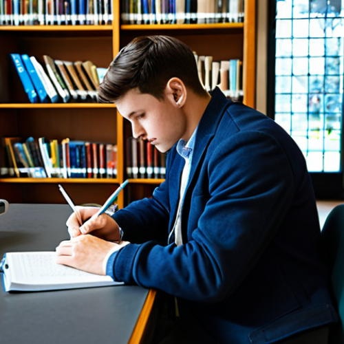 Home 20 "A focused student in a well-lit library, studying diligently with organized notes and textbooks, fully clothed, appropriate attire, safe for work, perfect anatomy, natural pose, professional study environment, high quality, family-friendly"