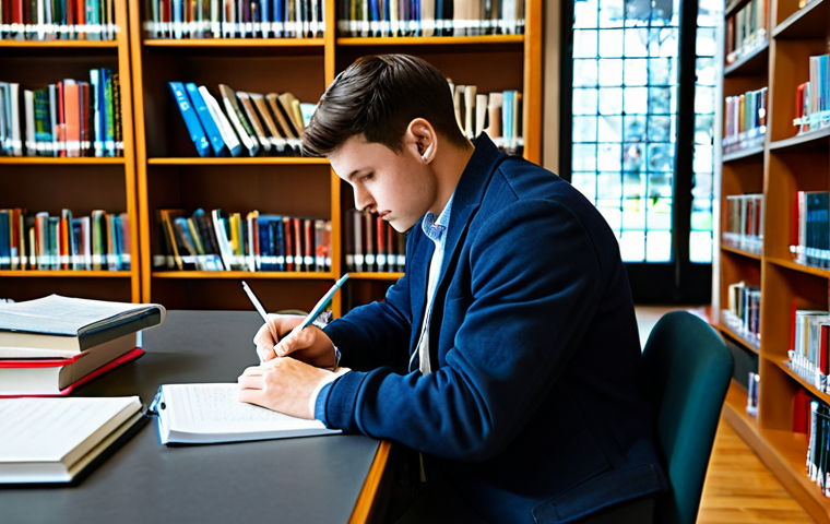 "A focused student in a well-lit library, studying diligently with organized notes and textbooks, fully clothed, appropriate attire, safe for work, perfect anatomy, natural pose, professional study environment, high quality, family-friendly"