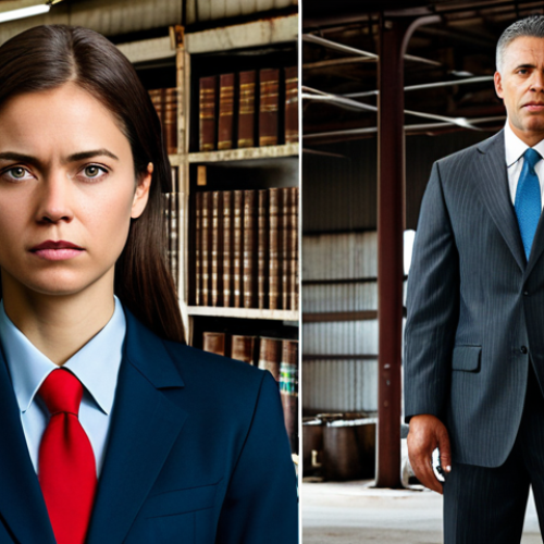 Home 19 노무사로서의 성과와 과제 - Ideal vs. Reality in Labor Law**
Prompt: A lawyer stands between a bright, utopian legal code on on...