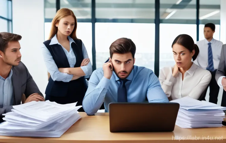 노무사의 업무 분장 사례 - **Image Prompt 1: Ambiguous Job Descriptions Leading to Workplace Conflict**
A group of diverse ...