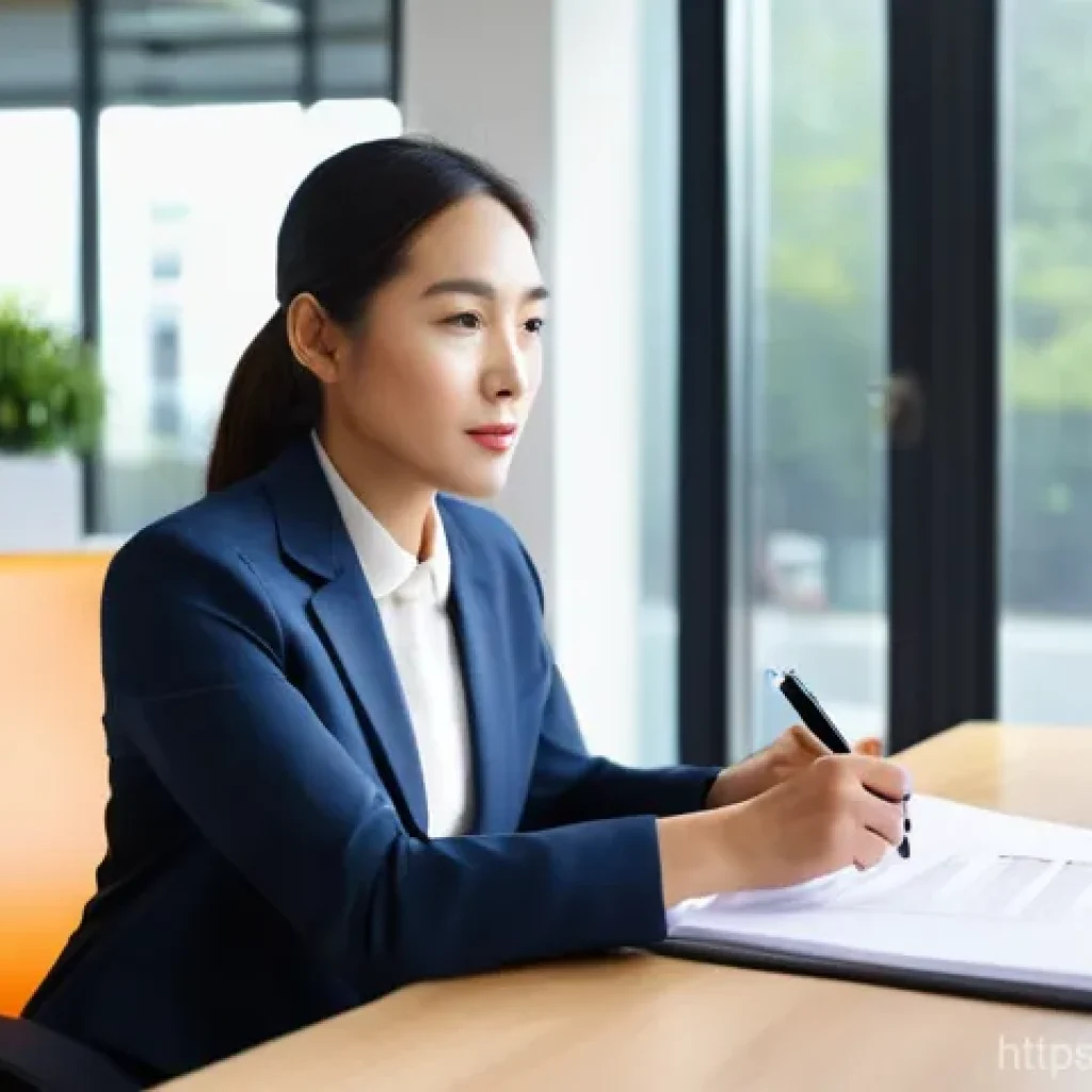 노무사의 기업 자문 역할 - A professional female labor consultant (노무사) in her late 30s, wearing a smart business suit, is sitt...