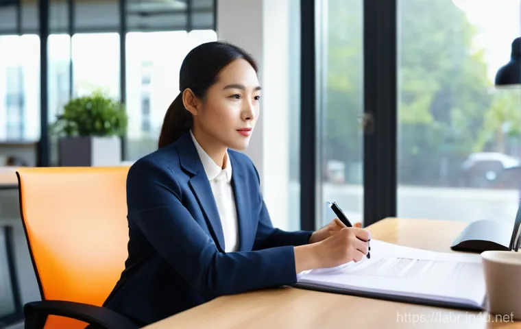 노무사의 기업 자문 역할 - A professional female labor consultant (노무사) in her late 30s, wearing a smart business suit, is sitt...
