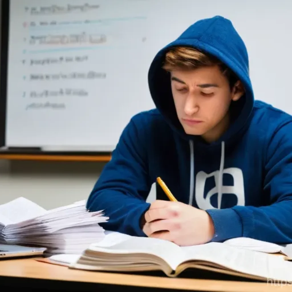 공인노무사 학습에서 자주 하는 실수 - A tired male student in his mid-20s, wearing a casual hoodie and jeans, sits slumped at a desk overf...