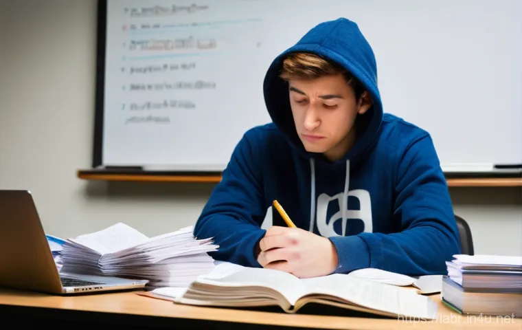 공인노무사 학습에서 자주 하는 실수 - A tired male student in his mid-20s, wearing a casual hoodie and jeans, sits slumped at a desk overf...