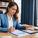 노무사 자격증의 중요성 - A professional public labor attorney, a woman in her early 30s with a warm and intelligent expressio...