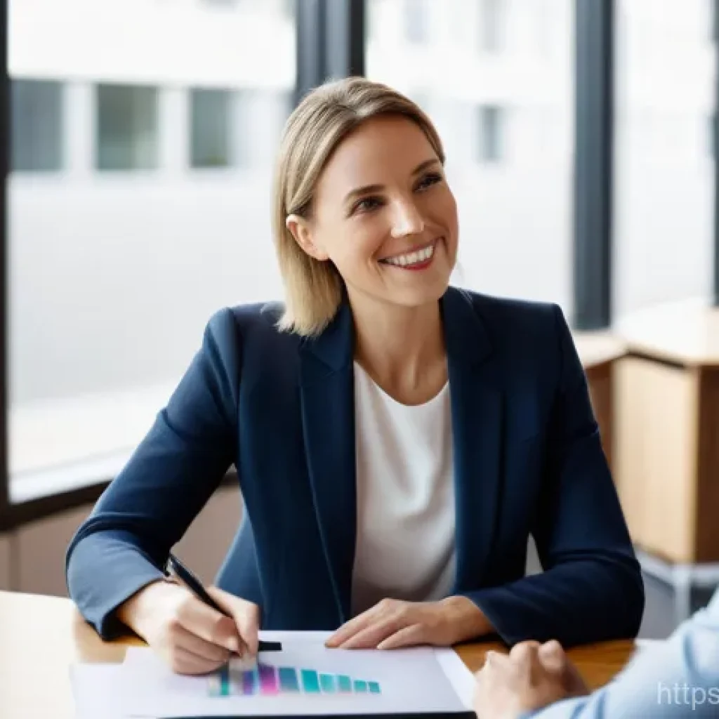 노무사 자격증 취득 후 커리어 설계 - A professional female career coach, in her late 30s with a warm and encouraging expression, is seate...