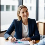 노무사 자격증 취득 후 커리어 설계 - A professional female career coach, in her late 30s with a warm and encouraging expression, is seate...