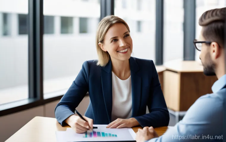 노무사 자격증 취득 후 커리어 설계 - A professional female career coach, in her late 30s with a warm and encouraging expression, is seate...